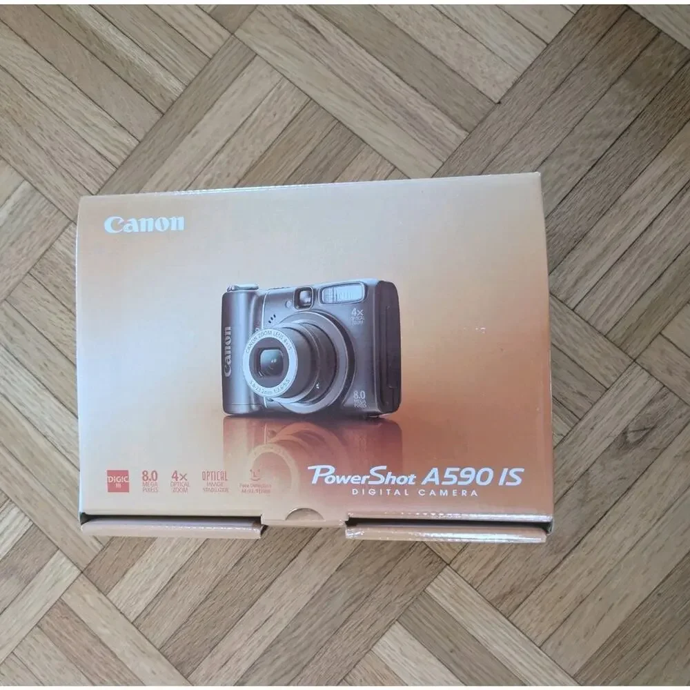 Canon PowerShot A590 IS Gray 8MP Digital Camera Box Card Tested Works PC1263